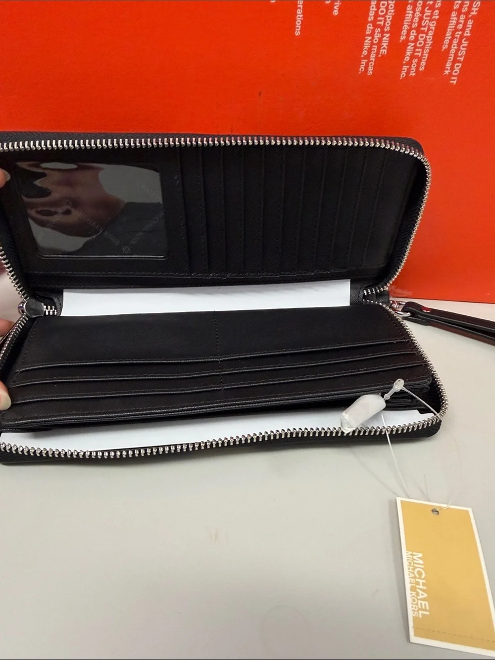 Michael Kors Black Wallet with Blue and White Center Stripe